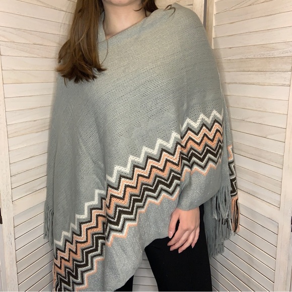 Jade Chevron Print Metallic Light Gray Brown and Pink Fringe Winter Poncho - Picture 3 of 12